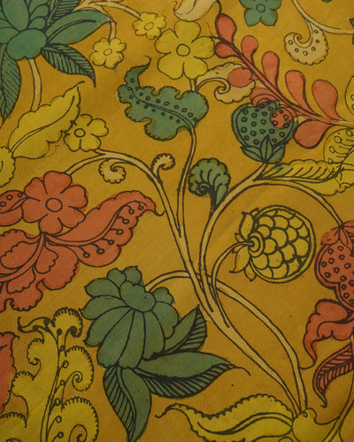 Mustard Pen Kalamkari Kanchi Silk Fabric