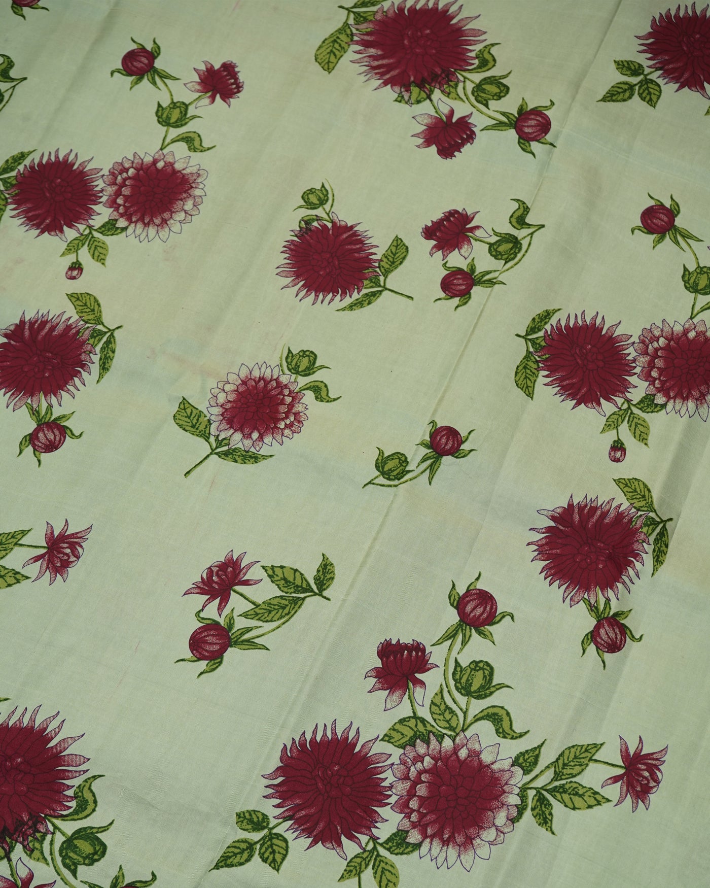 Apple Green Printed Kanchi Silk Fabric with Big Floral Print Design