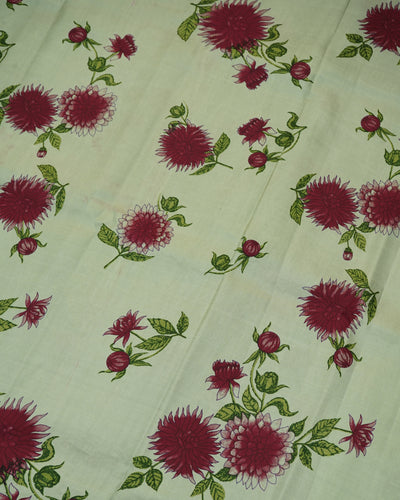 Apple Green Printed Kanchi Silk Fabric with Big Floral Print Design