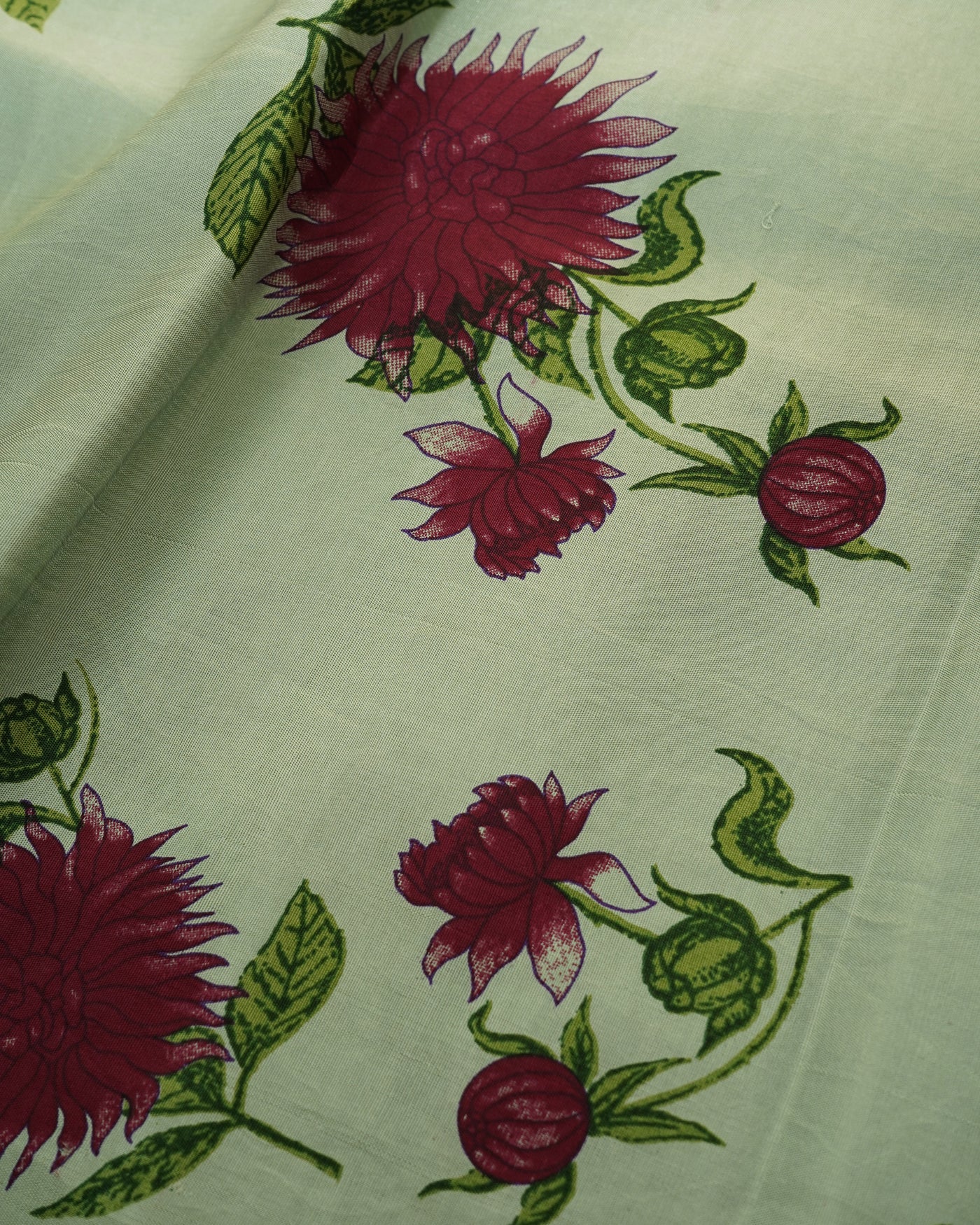 Apple Green Printed Kanchi Silk Fabric with Big Floral Print Design