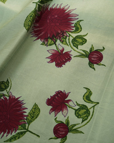 Apple Green Printed Kanchi Silk Fabric with Big Floral Print Design