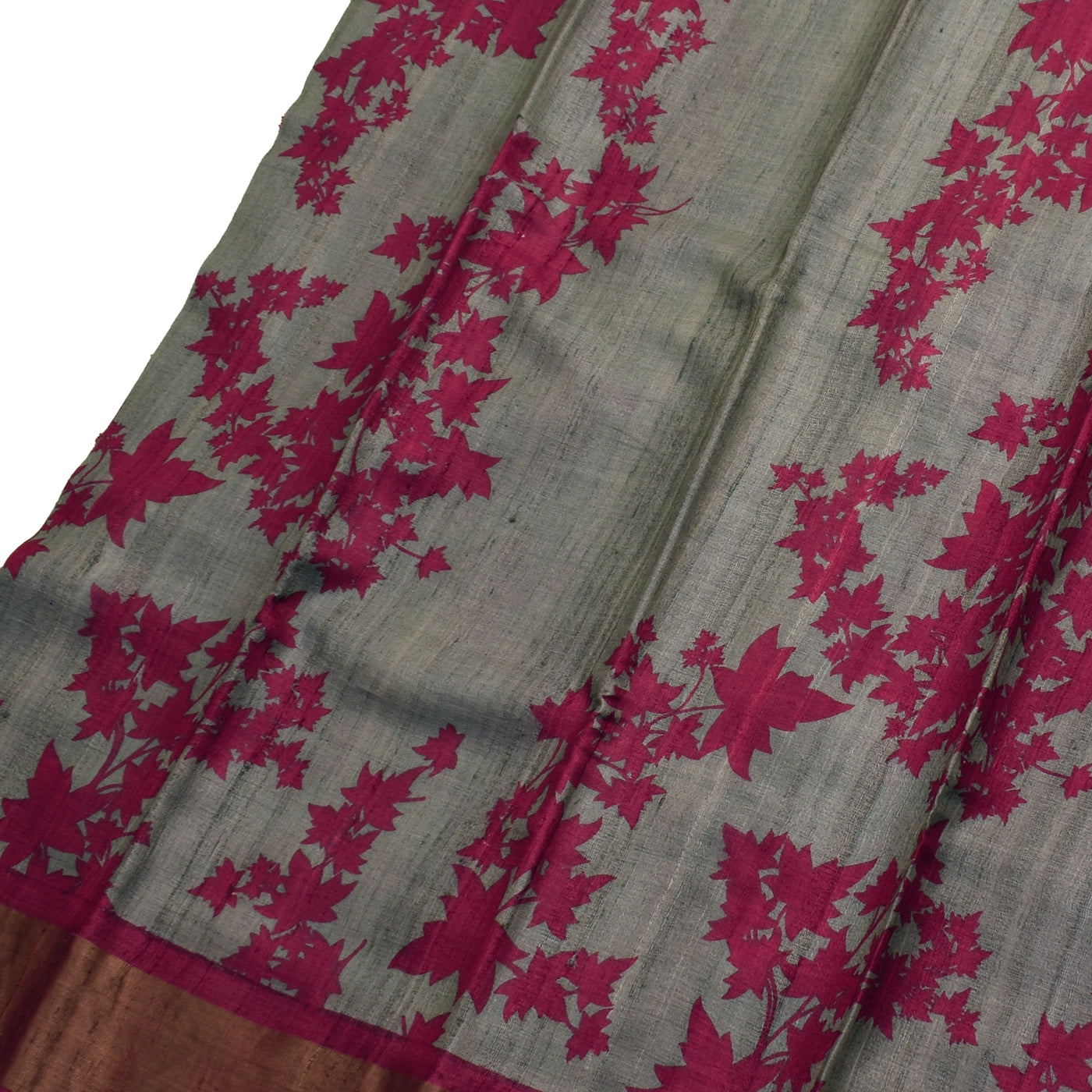 Grey Tussar Silk Saree with Leaf Printed Design