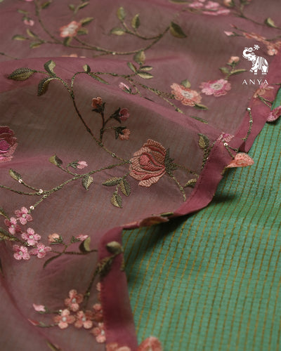 Pastel Green Zari Checks Tussar Silk Saree with Onion Pink Organza Embroidery Pallu and Blouse