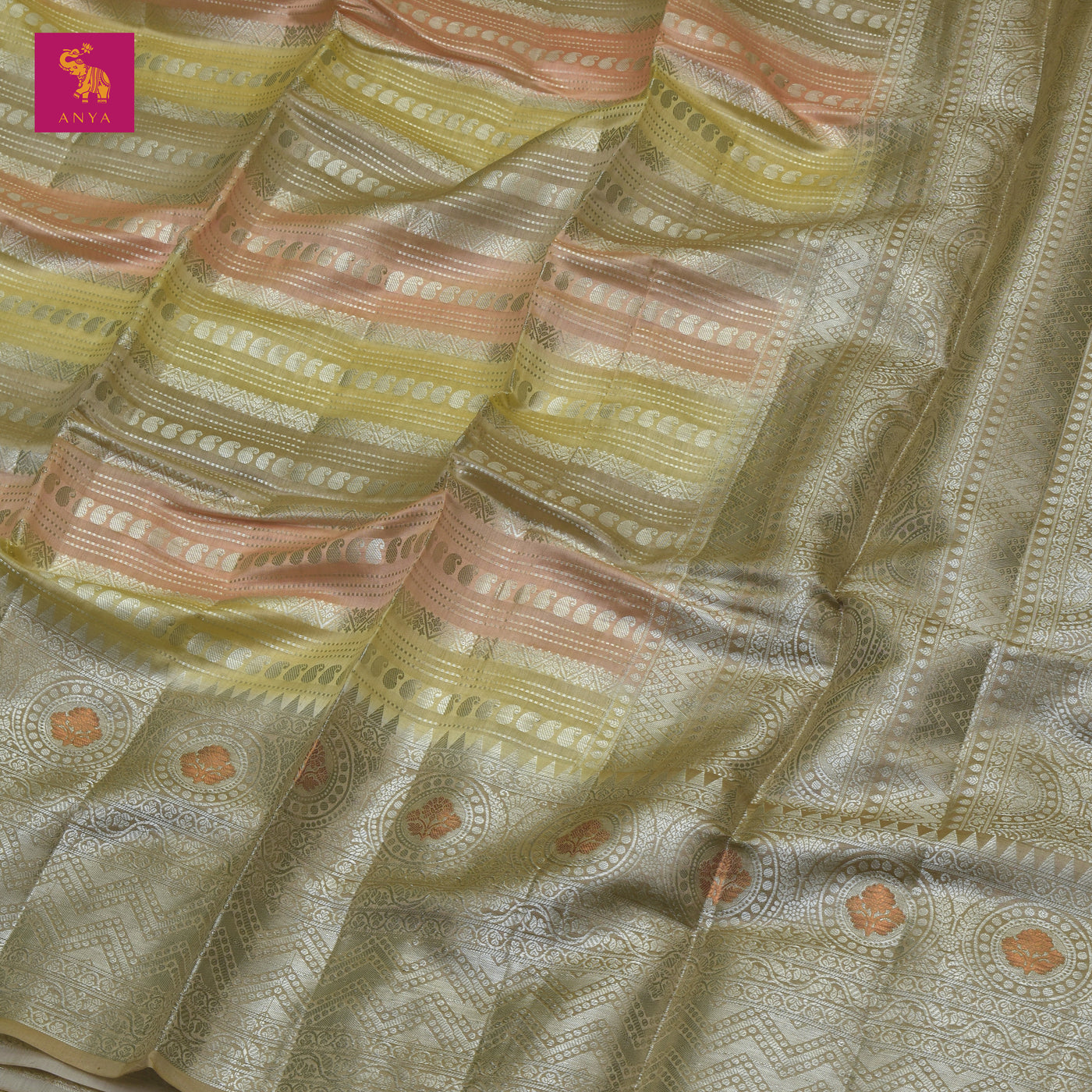 Lime Yellow Banaras Chanderi Silk Saree with Horizontal Stripes Design