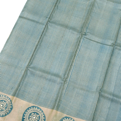 Blue and Off White Tussar Silk Saree with Stripes and Kutch Work Design