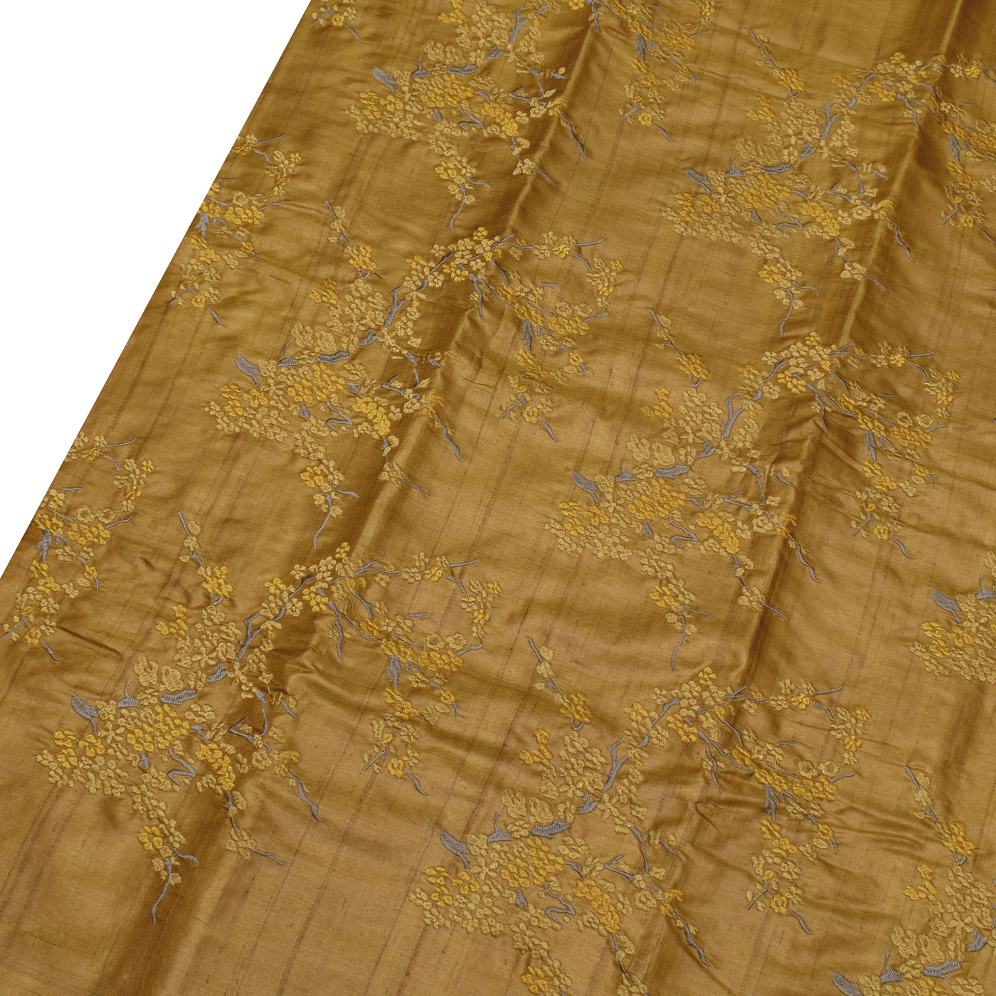 Oil Mustard Tussar Silk Saree with Floral Embroidery Design