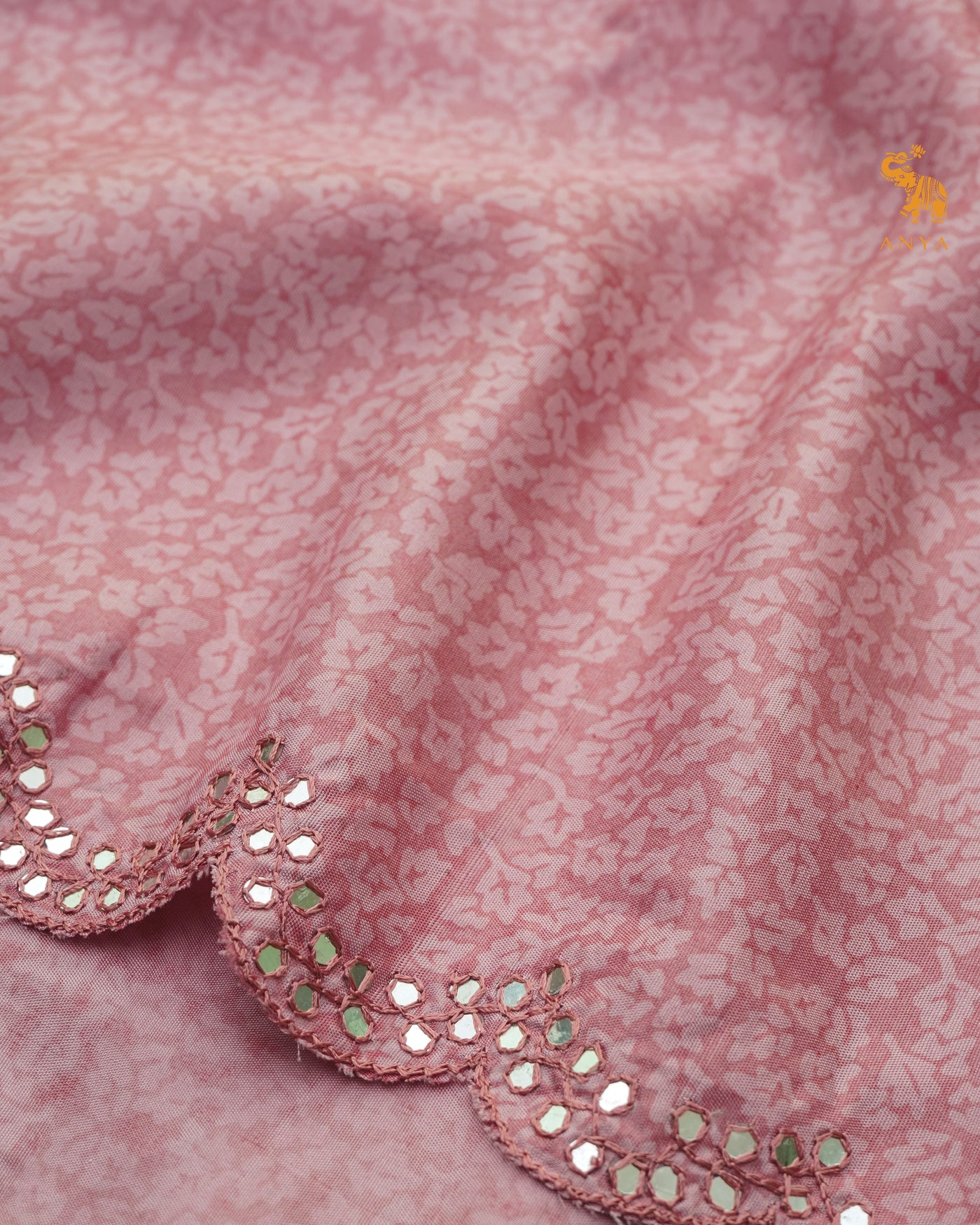 Onion Pink Printed Kanchi Silk Saree with Scallop Mirror Embroidery Design