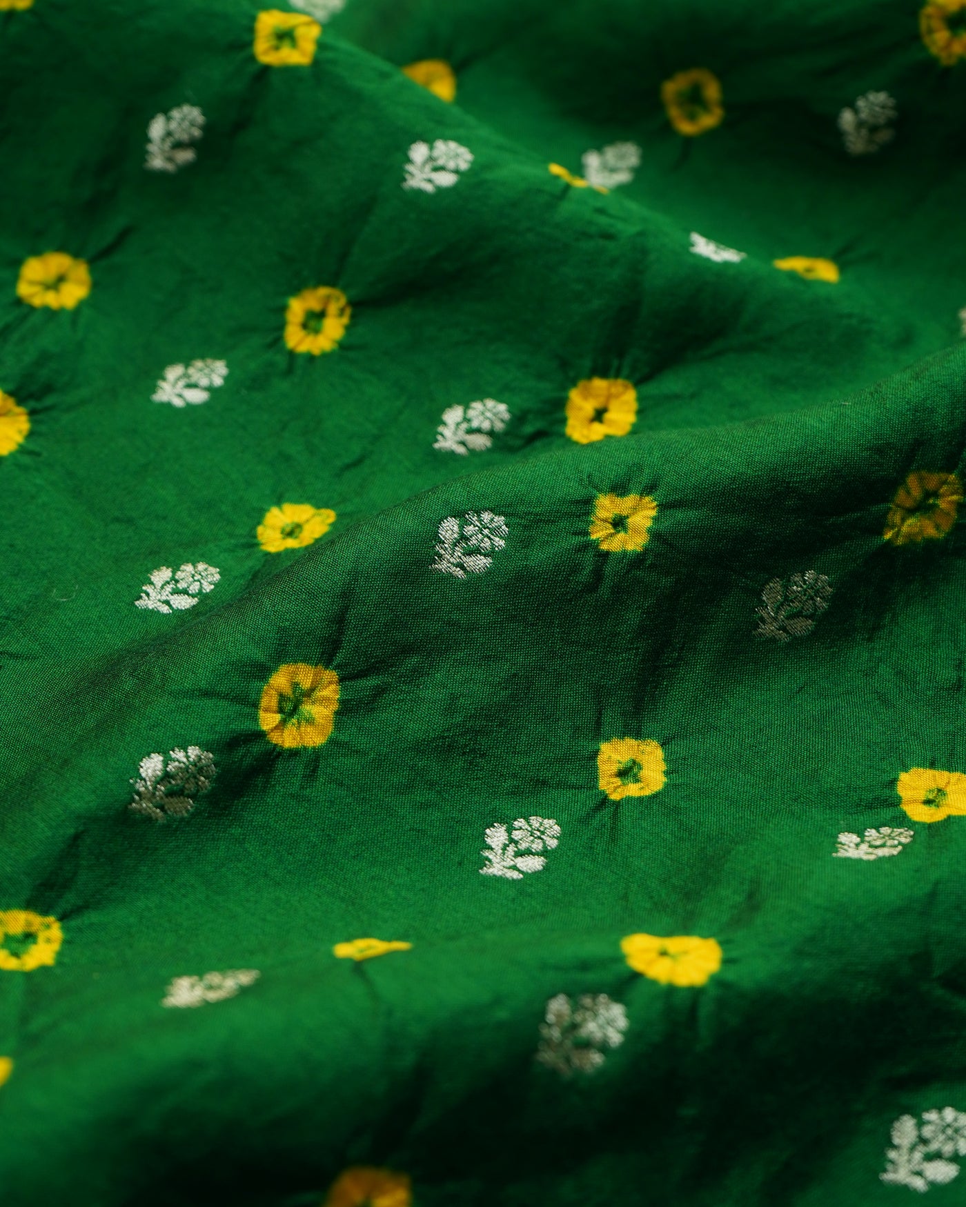 Green Bhandhini Silk Fabric With Yellow Butta Design