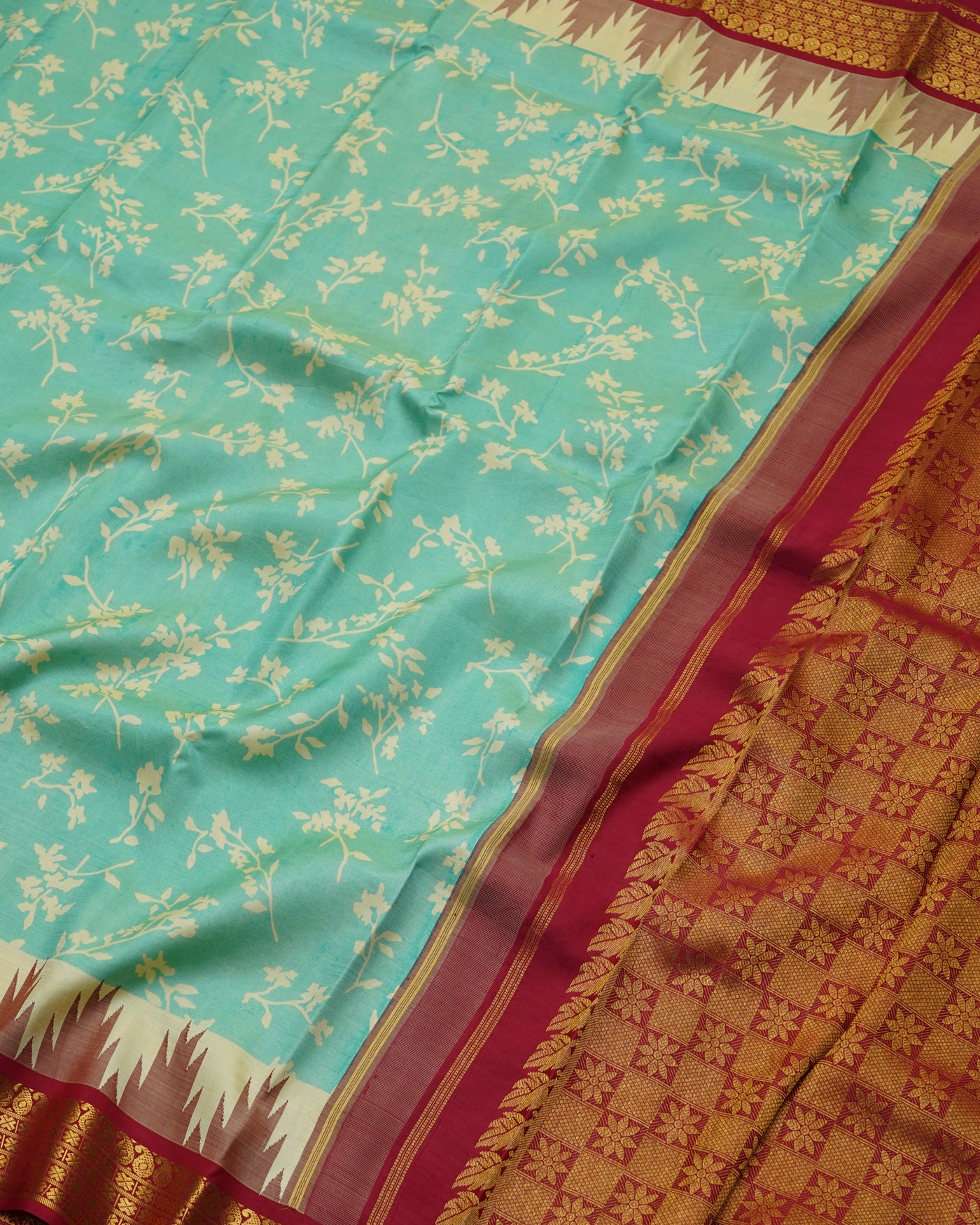 Light Blue Printed Kanchi Silk Saree with Floral Design