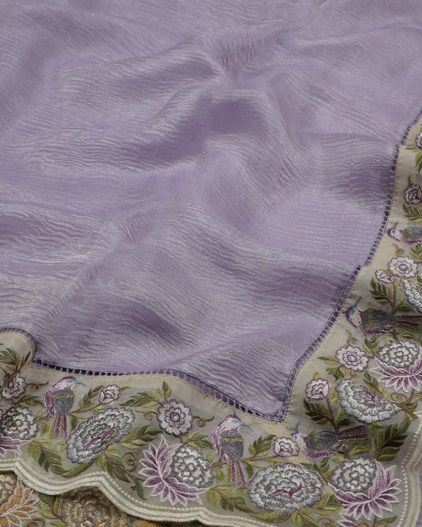 Lavender Crush Tissue Saree with Floral Embroidery Border