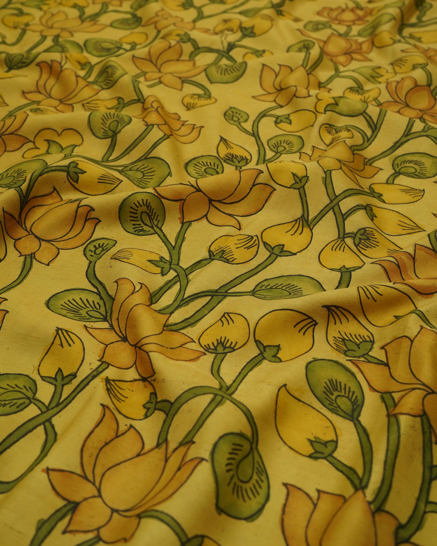 Lemon Yellow Pen Kalamkari Kanchi Silk Fabric with Lotus Design
