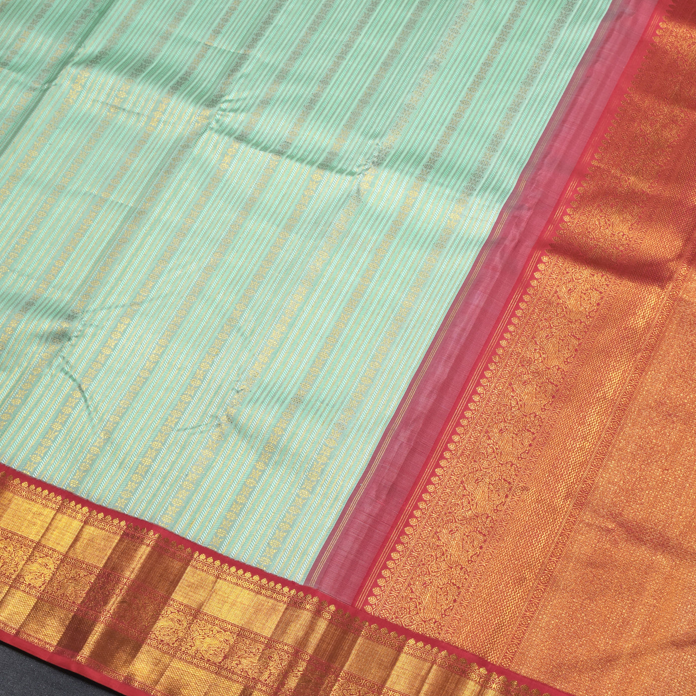 Mint Green Kanchipuram Silk Saree with Horizontal Zari Stripes Design