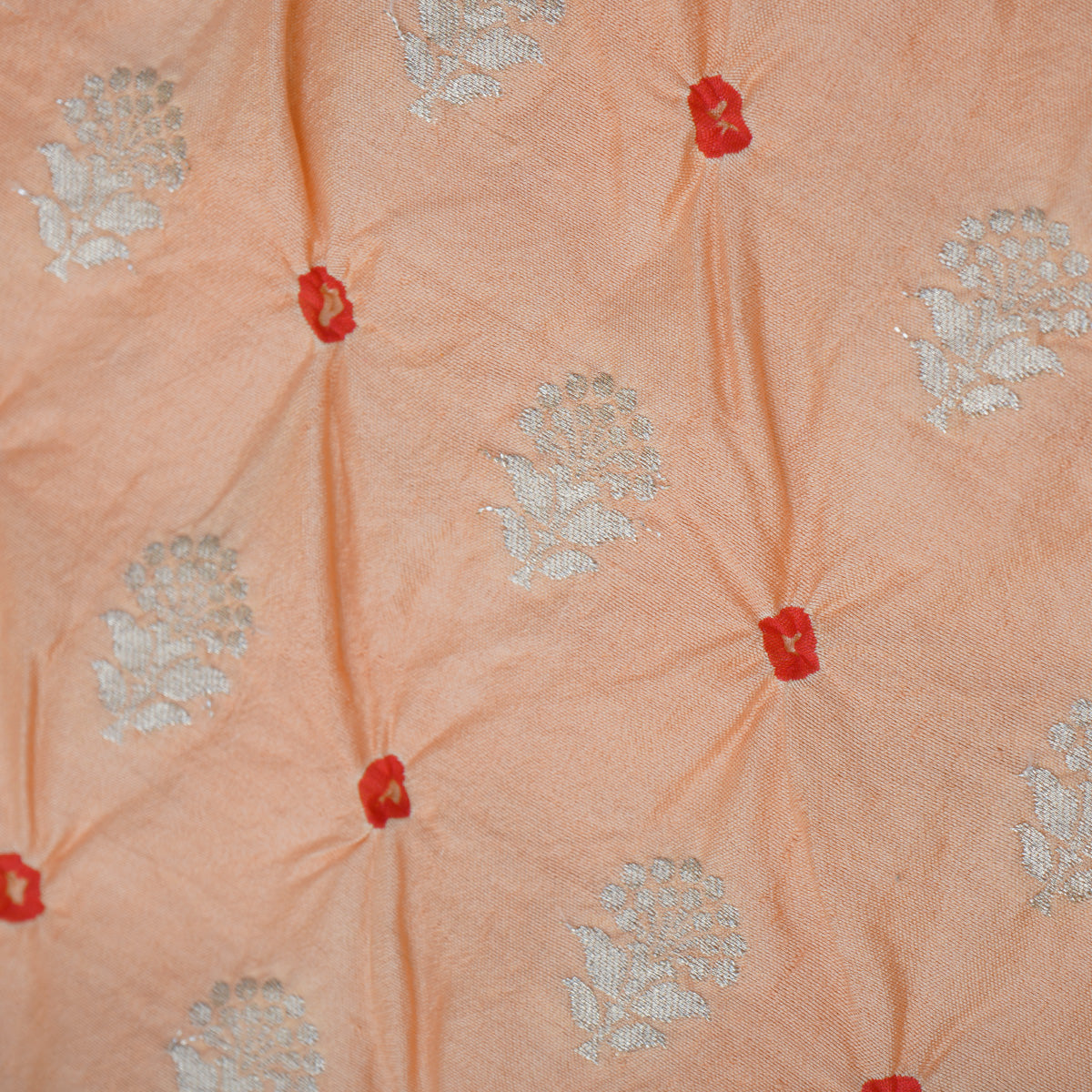 Peach Bandhani Silk Fabric with Small Zari Butta Design