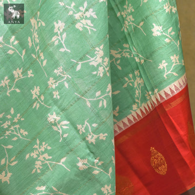 Light Green Printed Kanchi Silk Saree with Floral Print and Zari Kattam Design