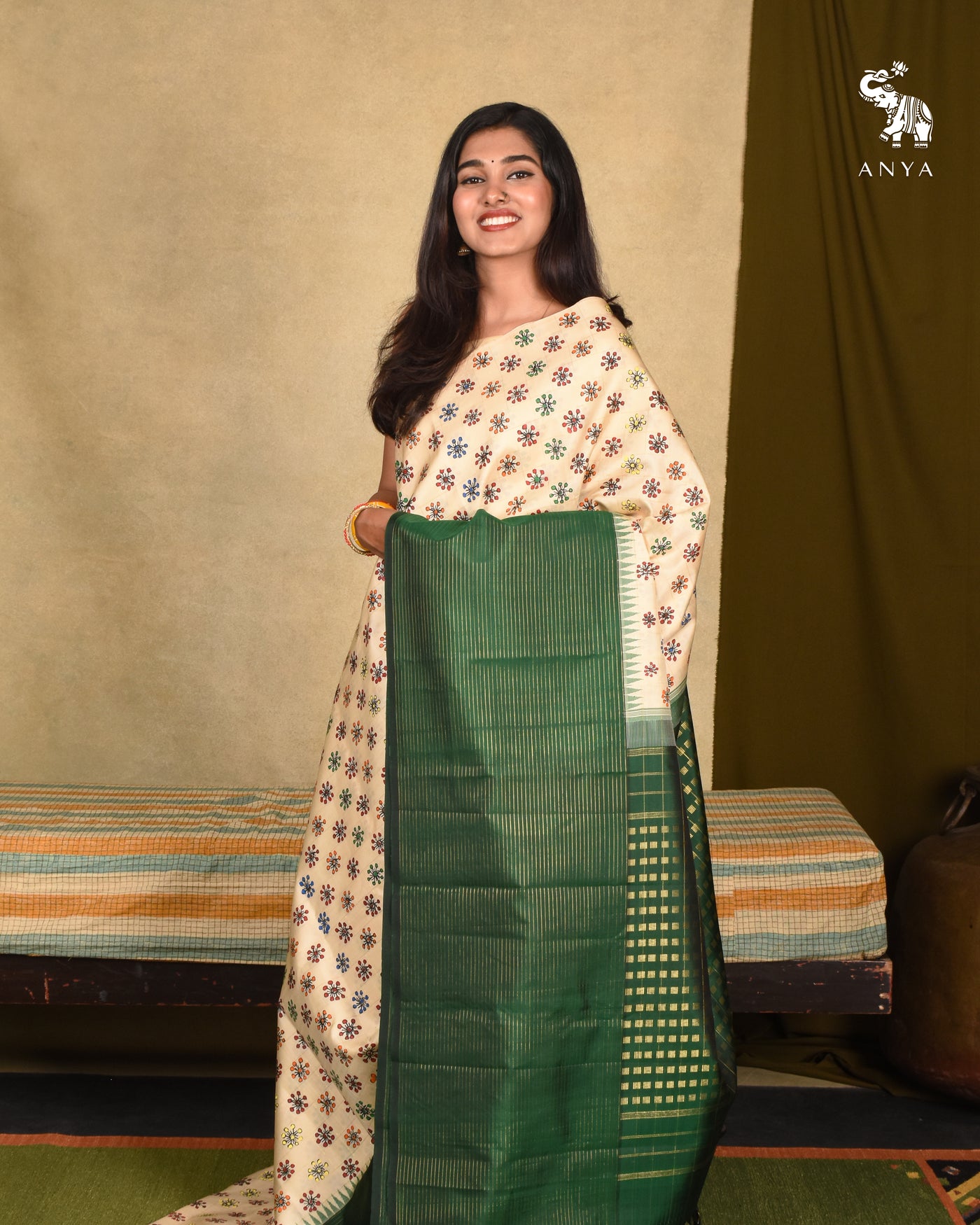 Off White Madhubani Kanchi Silk Saree with Bottle Green Seer Pallu and Blouse