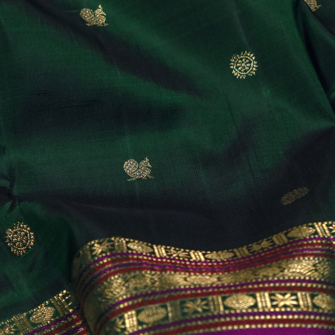 Bottle Green Kanchi Silk Saree with Zari Butta Design