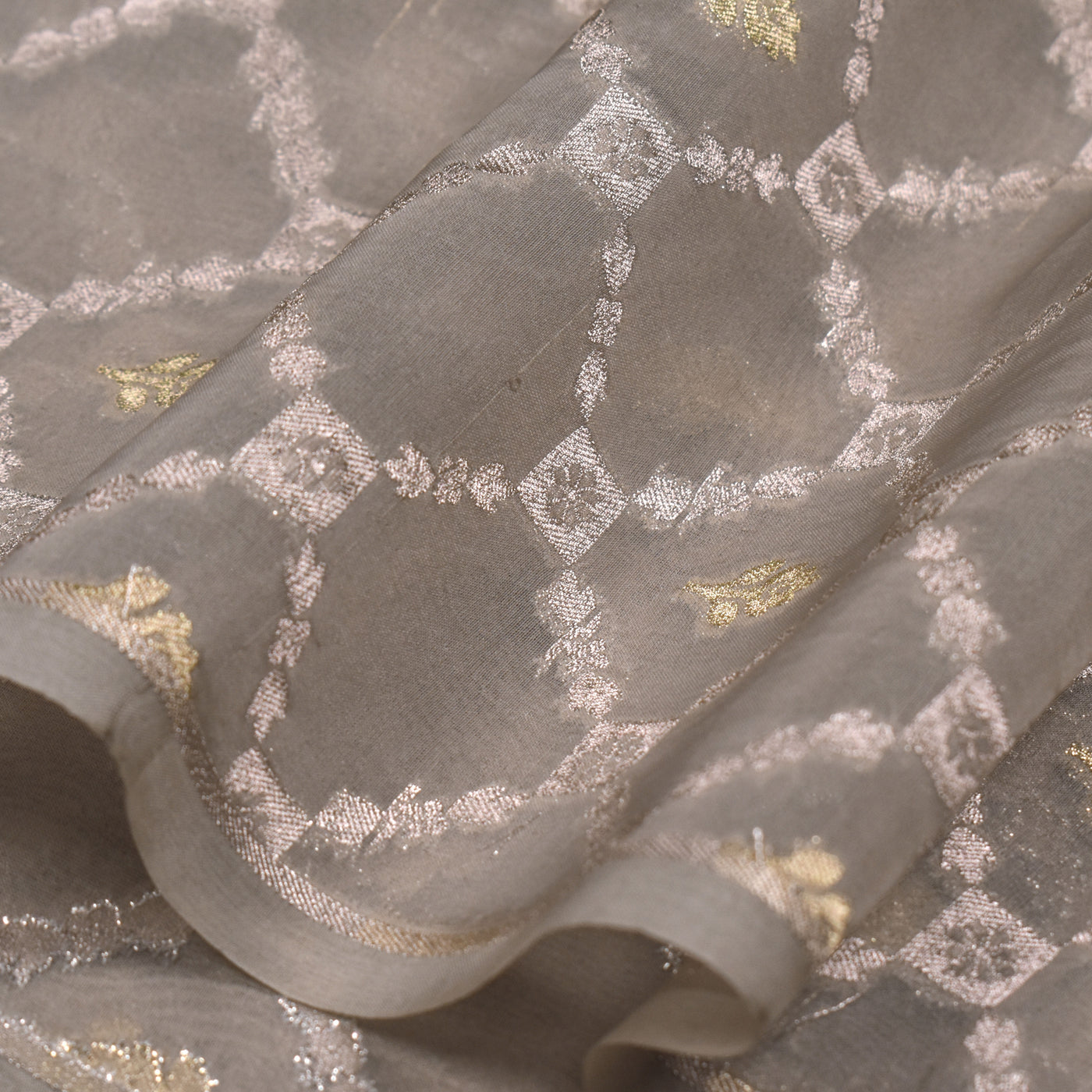 Grey Organza Fabric with Diamond Zari Butta Design