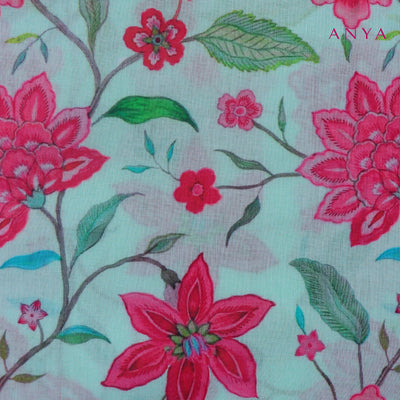 Baby Blue Maheshwari Silk Fabric with Floral Design