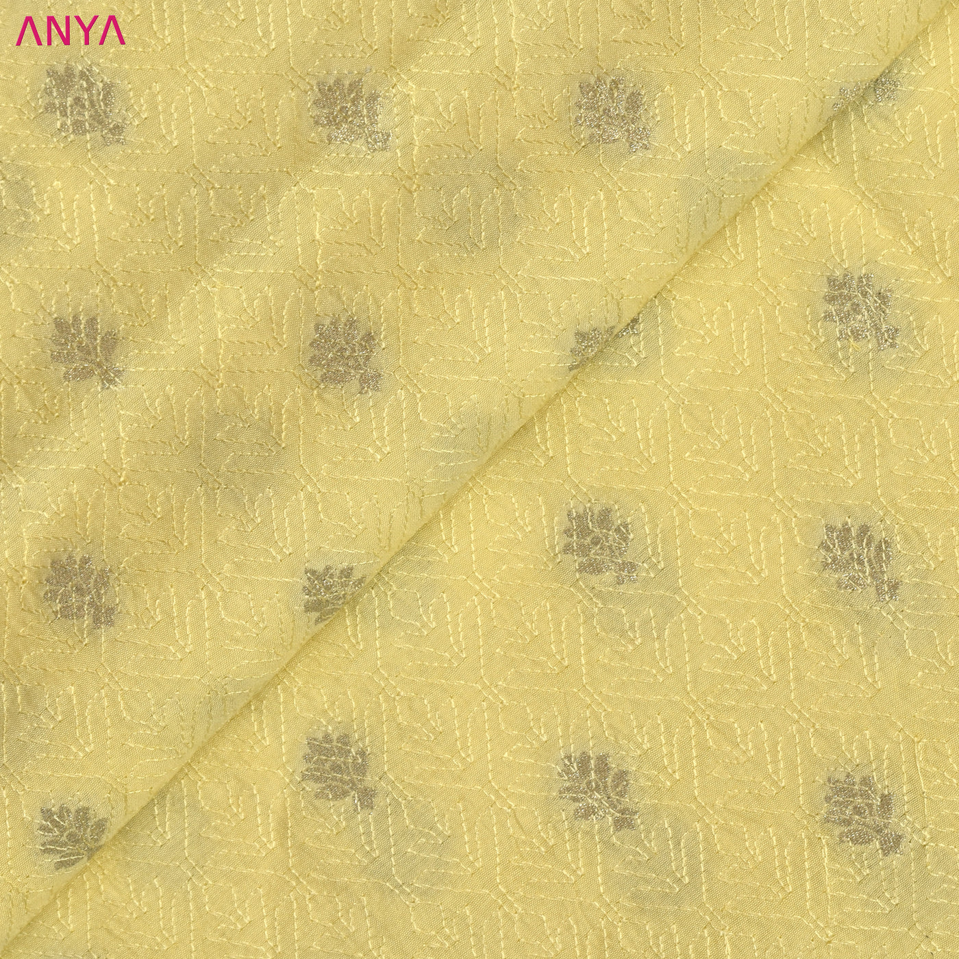 Lemon Yellow Banarasi Silk Fabric with Thread Zari Butta Design