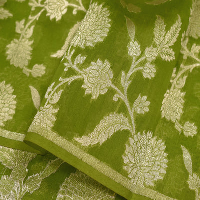 Mehandi Green Banarasi Organza Fabric with Floral Creeper Design