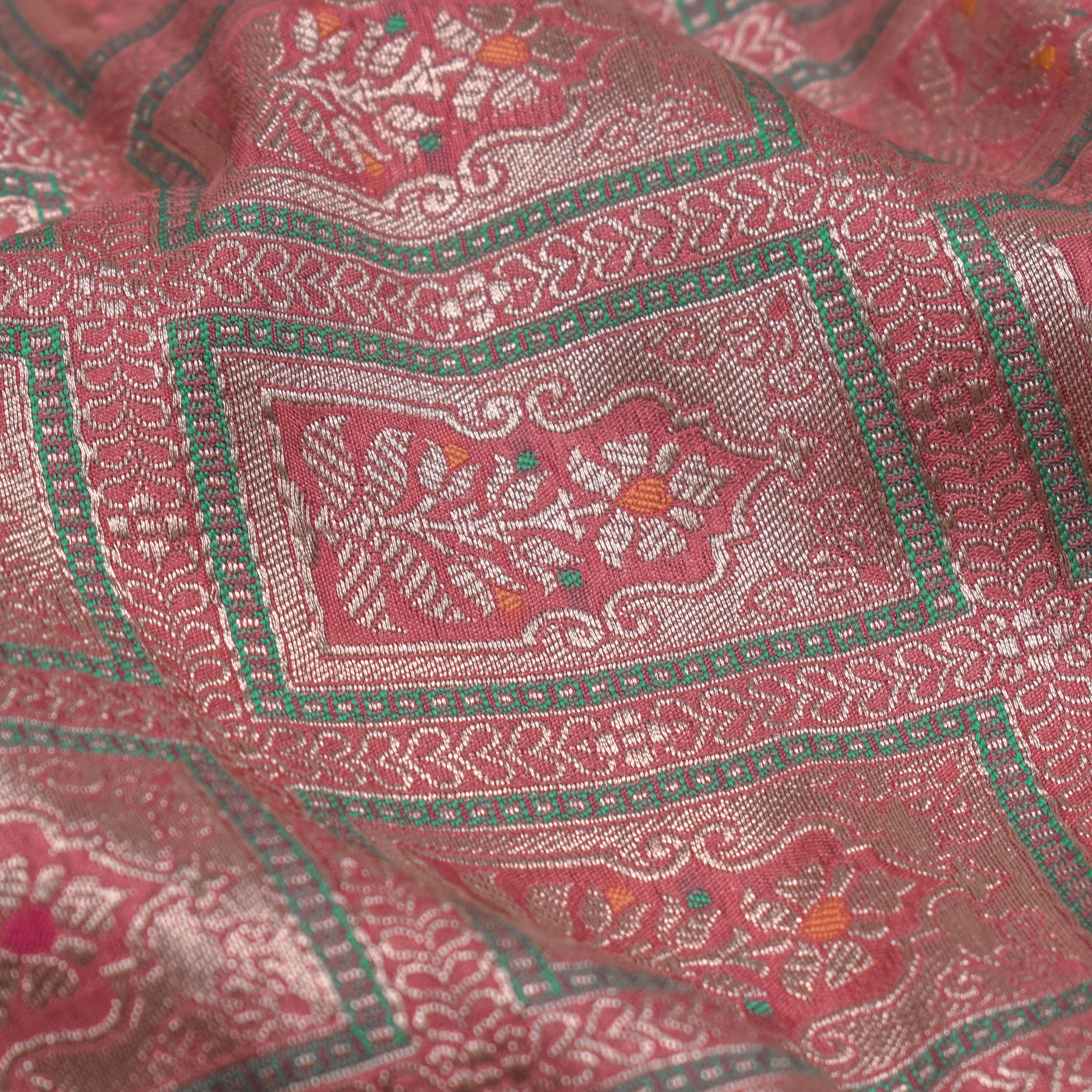 Peach Banarasi Silk Fabric with Square Zari Butta Design