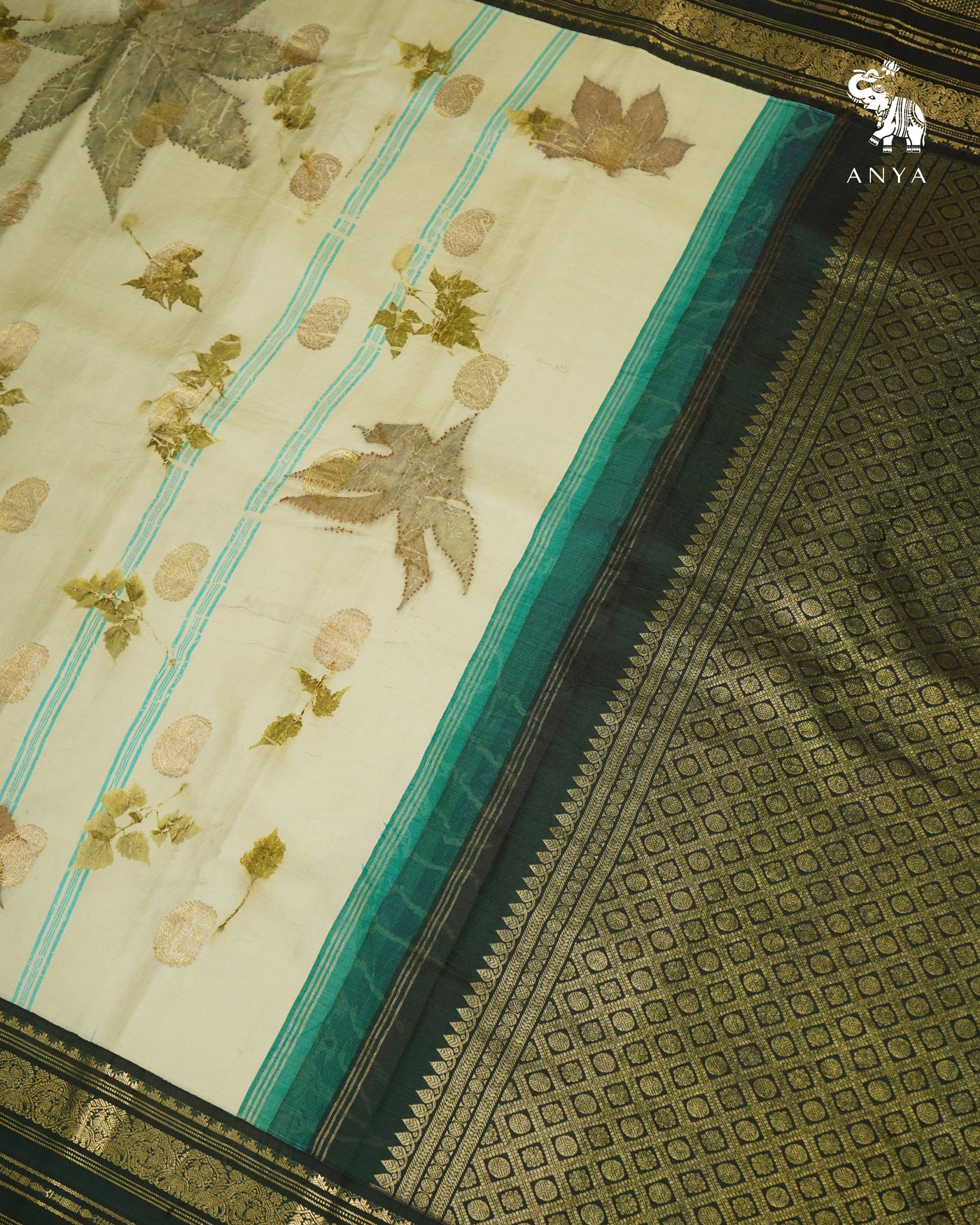 Elaichi Green Eco Print Kanchi Silk Saree with Bottle Green Getti Self Pallu