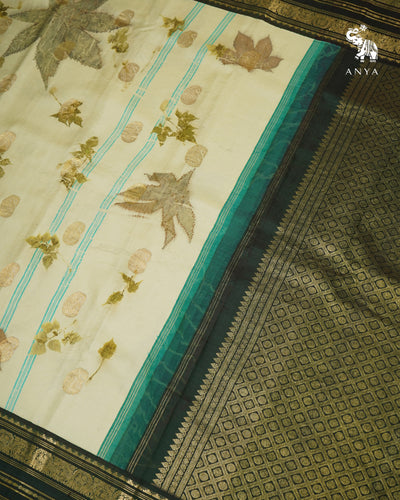 Elaichi Green Eco Print Kanchi Silk Saree with Bottle Green Getti Self Pallu