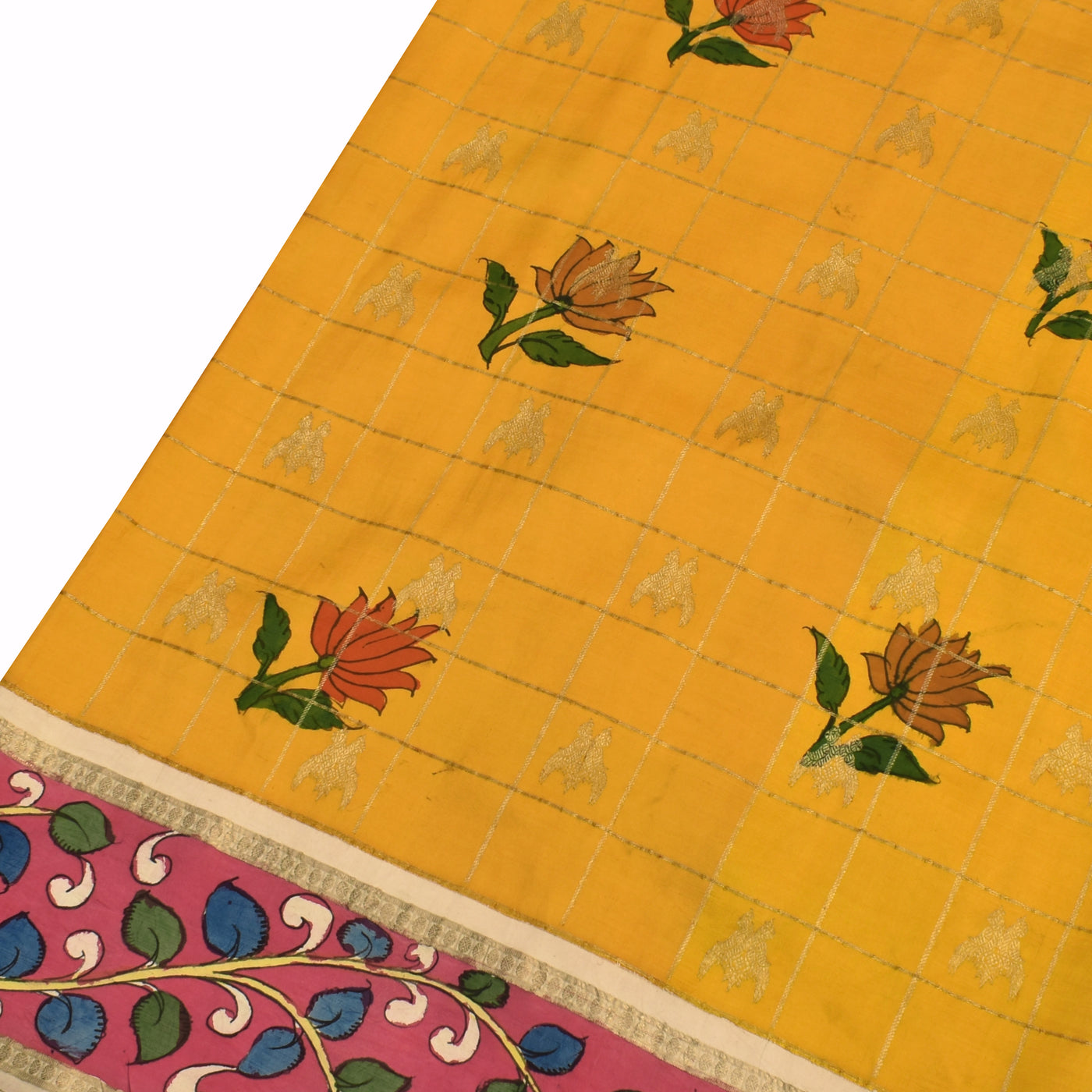 Mustard Pen Kalamkari Silk Saree with Floral and Kattam Design