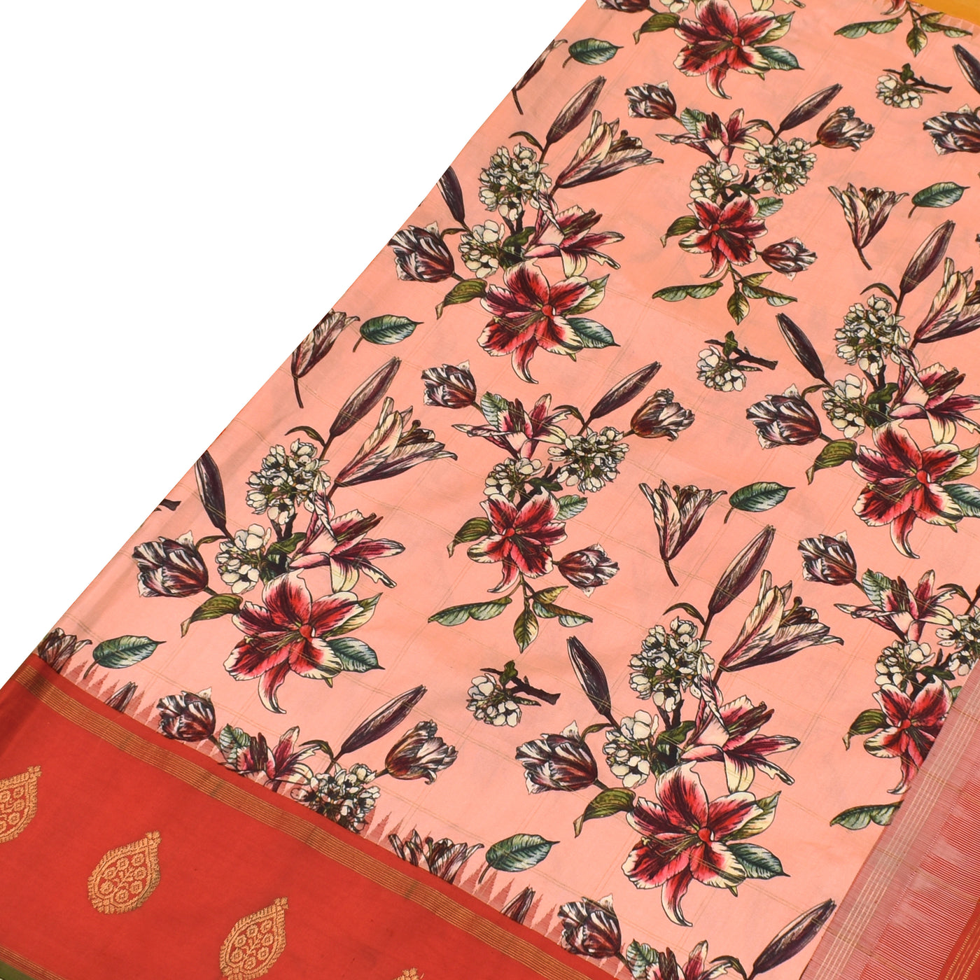 Peach Printed Kanchi Silk Saree with Floral Zari Kattam Design
