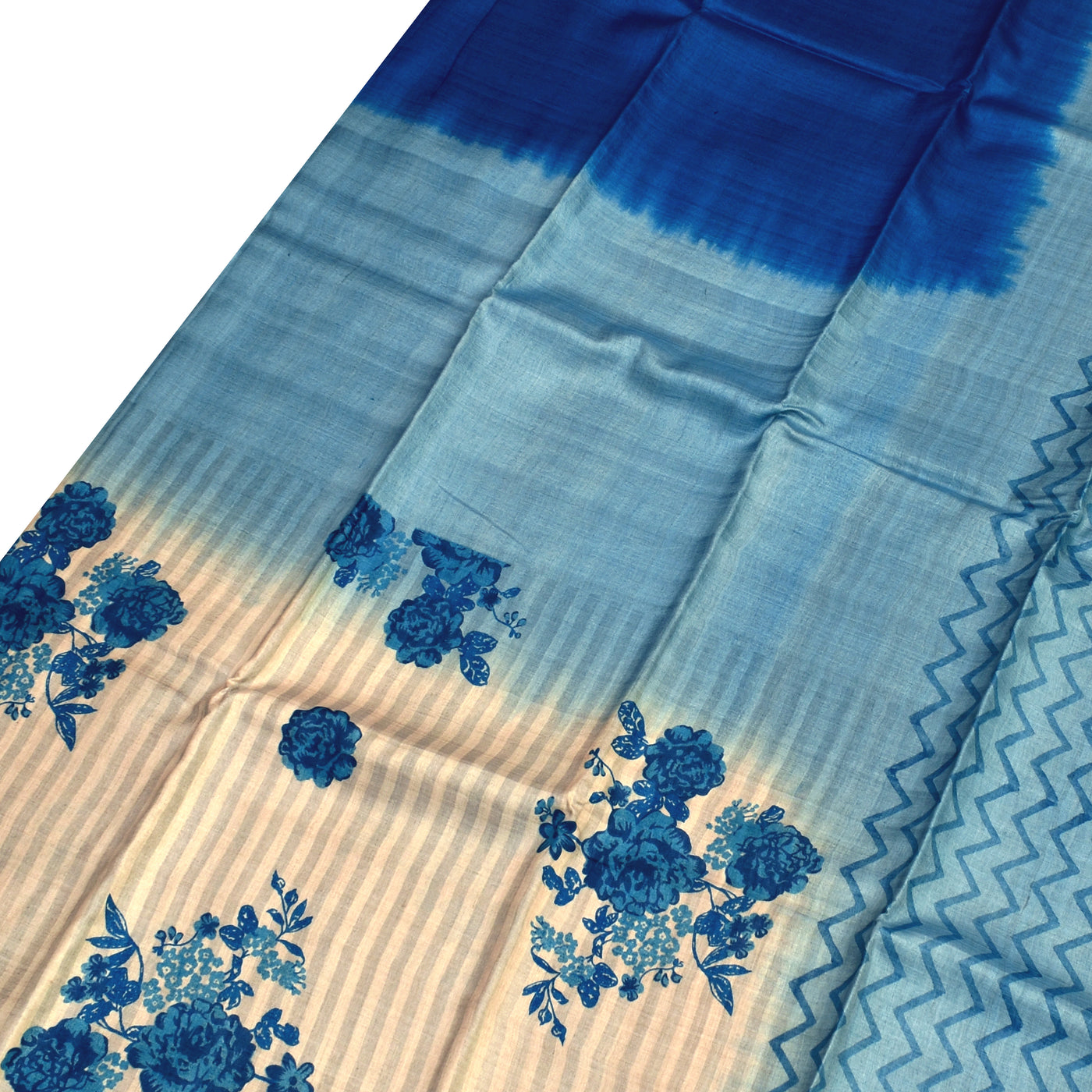 Off White and Navy Blue Tussar Silk Saree with Stripes and Floral Design