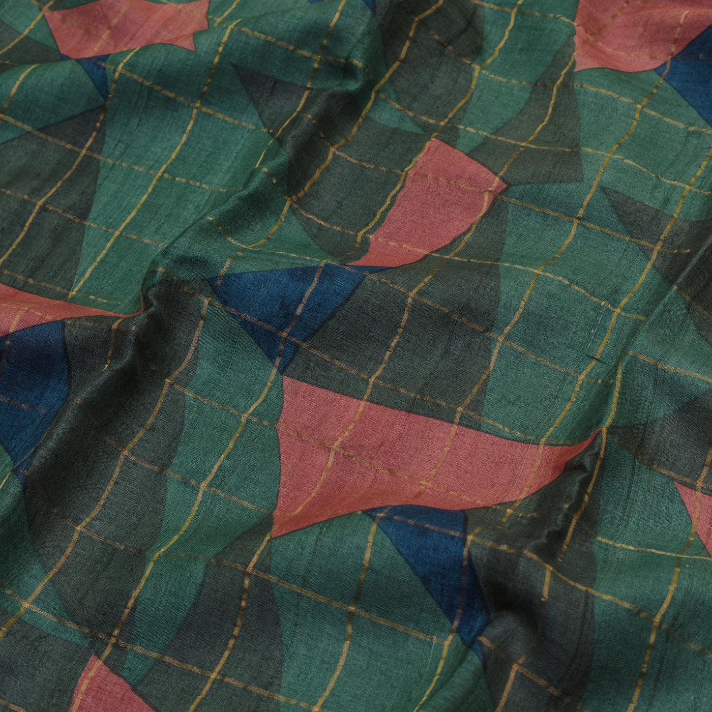 Green Tussar Silk Saree with Zari Kattam and Triangle Print Design