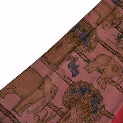 Onion Pink Pen Kalamkari Silk Saree with Elephant Design