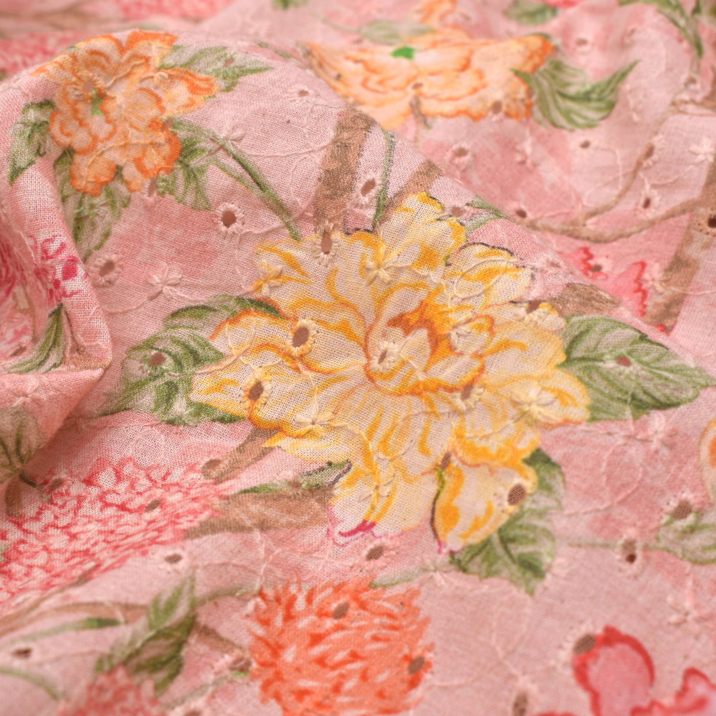 Peach Hakoba Cotton Fabric with Floral Design