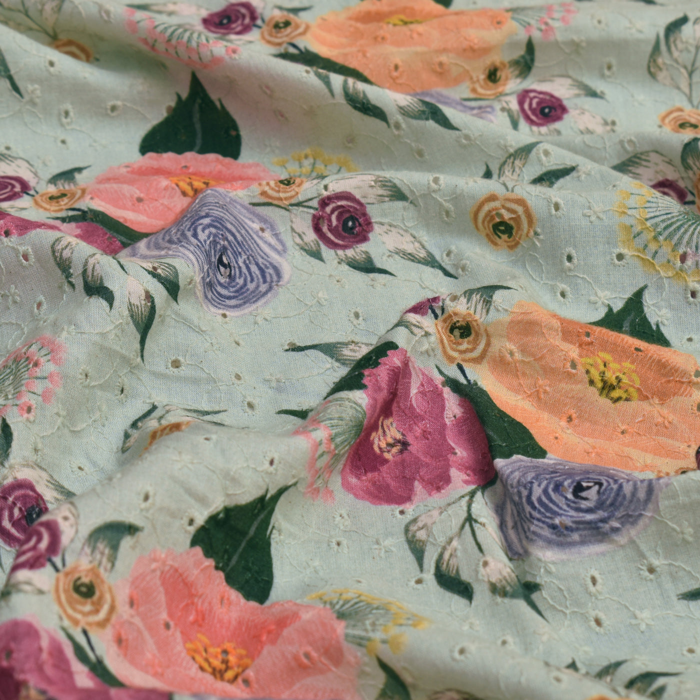 Mint Green Hakoba Cotton Fabric with Floral Design