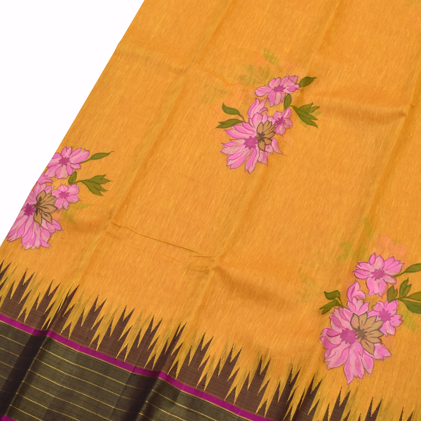 Mustard Linen Hand Painted Kanchi Silk Saree with Flower Design
