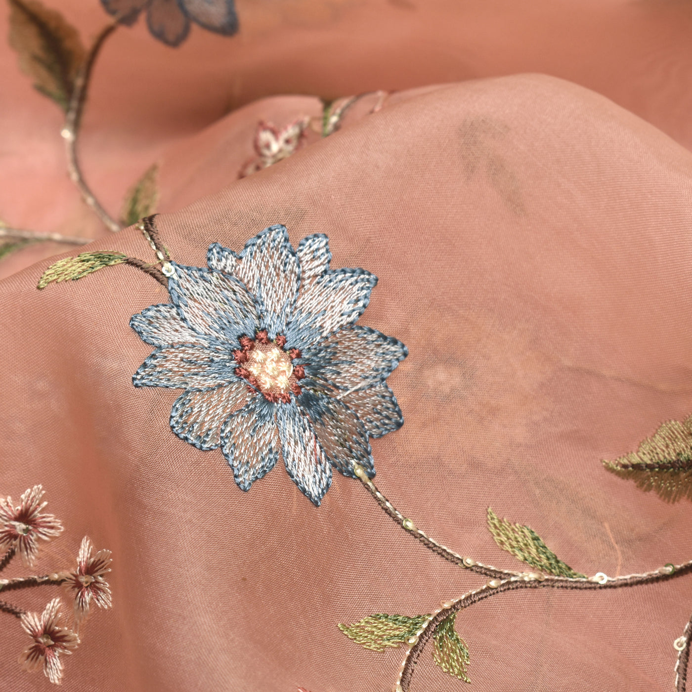 Peach Organza Fabric with Floral Embroidery Design