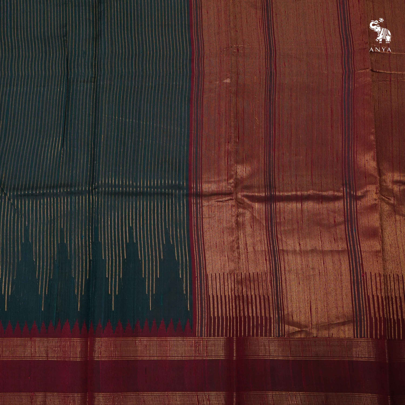 Bottle Green Raw Silk Saree with Zari Stripes Design