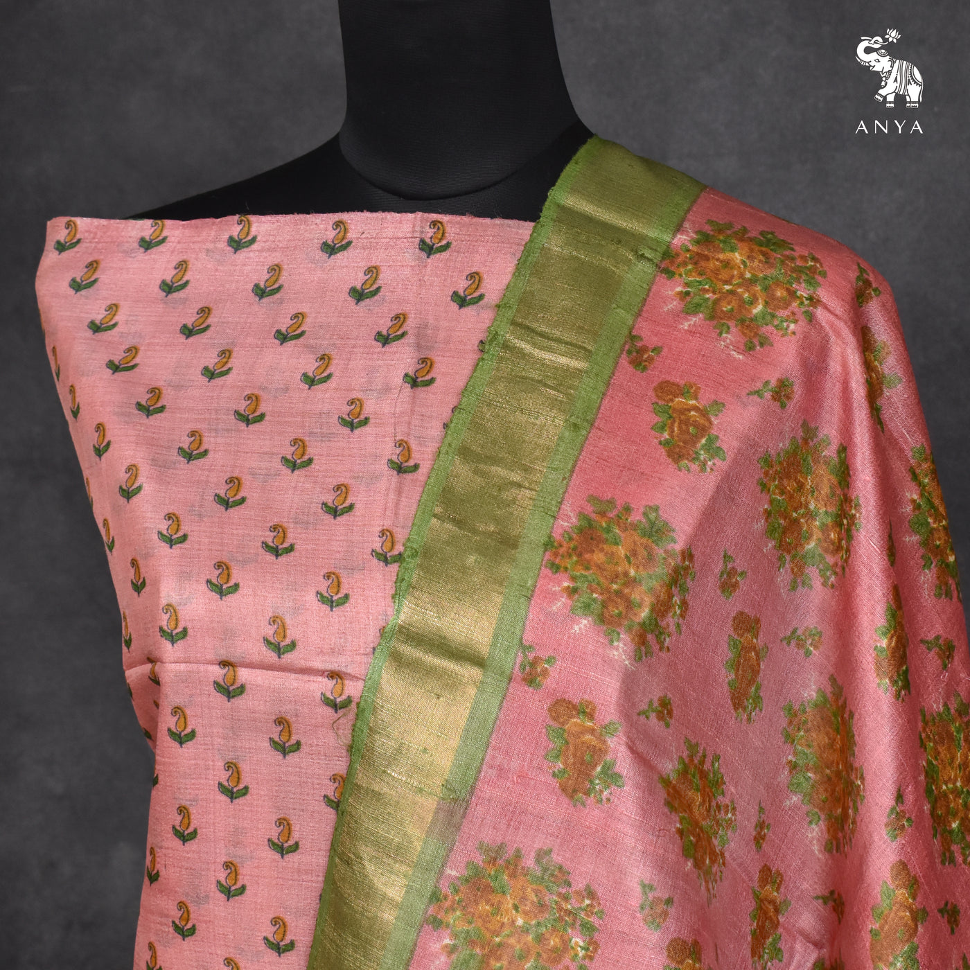 Onion Pink Tussar Silk Salwar with Onion Pink Floral Print Dupatta