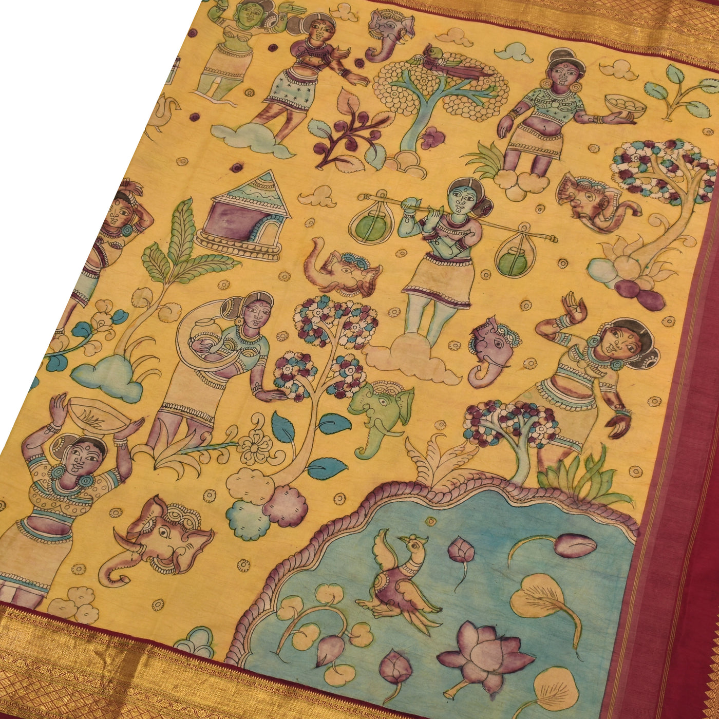 Lemon Yellow Pen Kalamkari Silk Saree