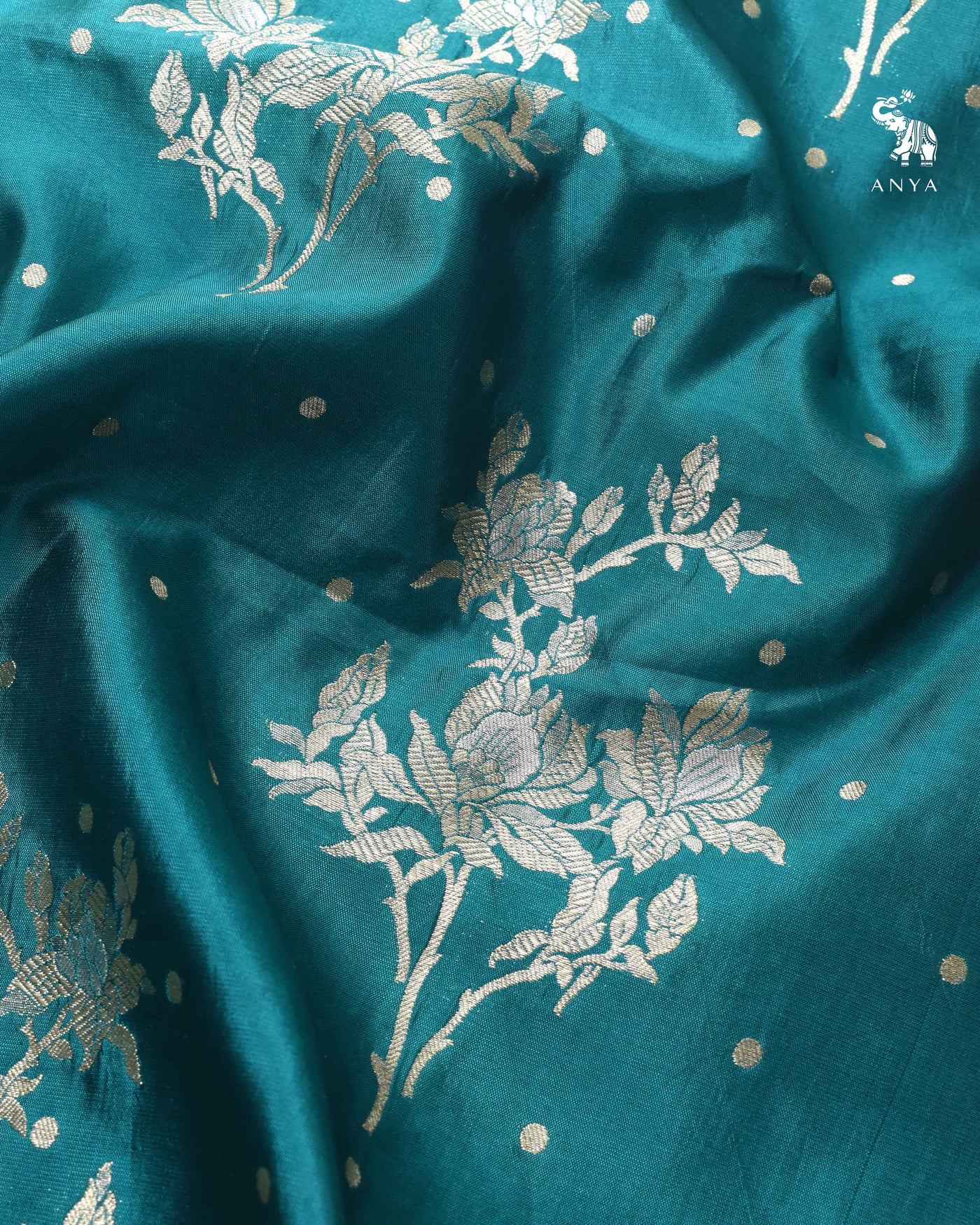 Peacock Blue Banarasi Silk Fabric with Floral Butta Design