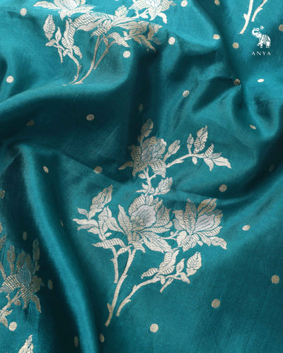 Peacock Blue Banarasi Silk Fabric with Floral Butta Design