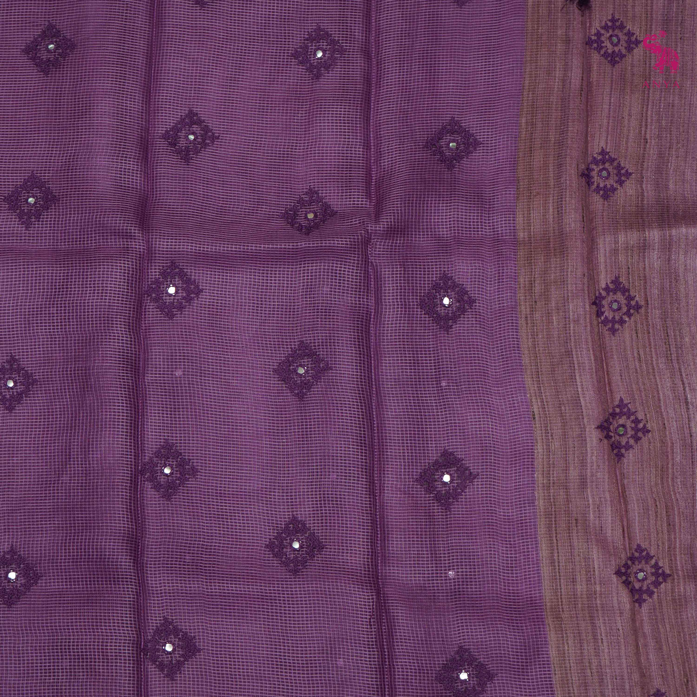 Lavender Tussar Silk Sarees with Kutch Work Design