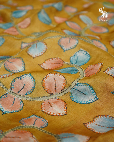 Oil Mustard Tussar Silk Saree with Kantha Work Design