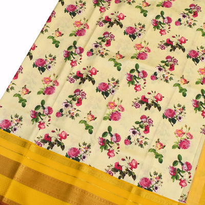 Off White Printed Kanchi Silk Saree with Floral Design