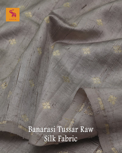 Grey Banarasi Tussar Raw Silk Fabric with Small Flower Butta Design