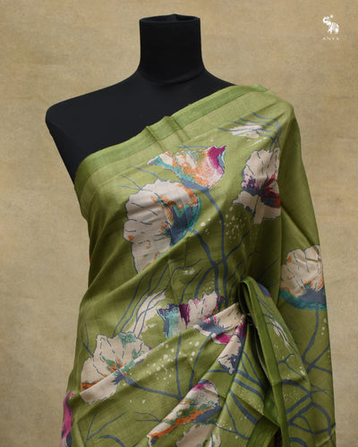 Apple Green Tussar Silk Saree with Floral Printed Design