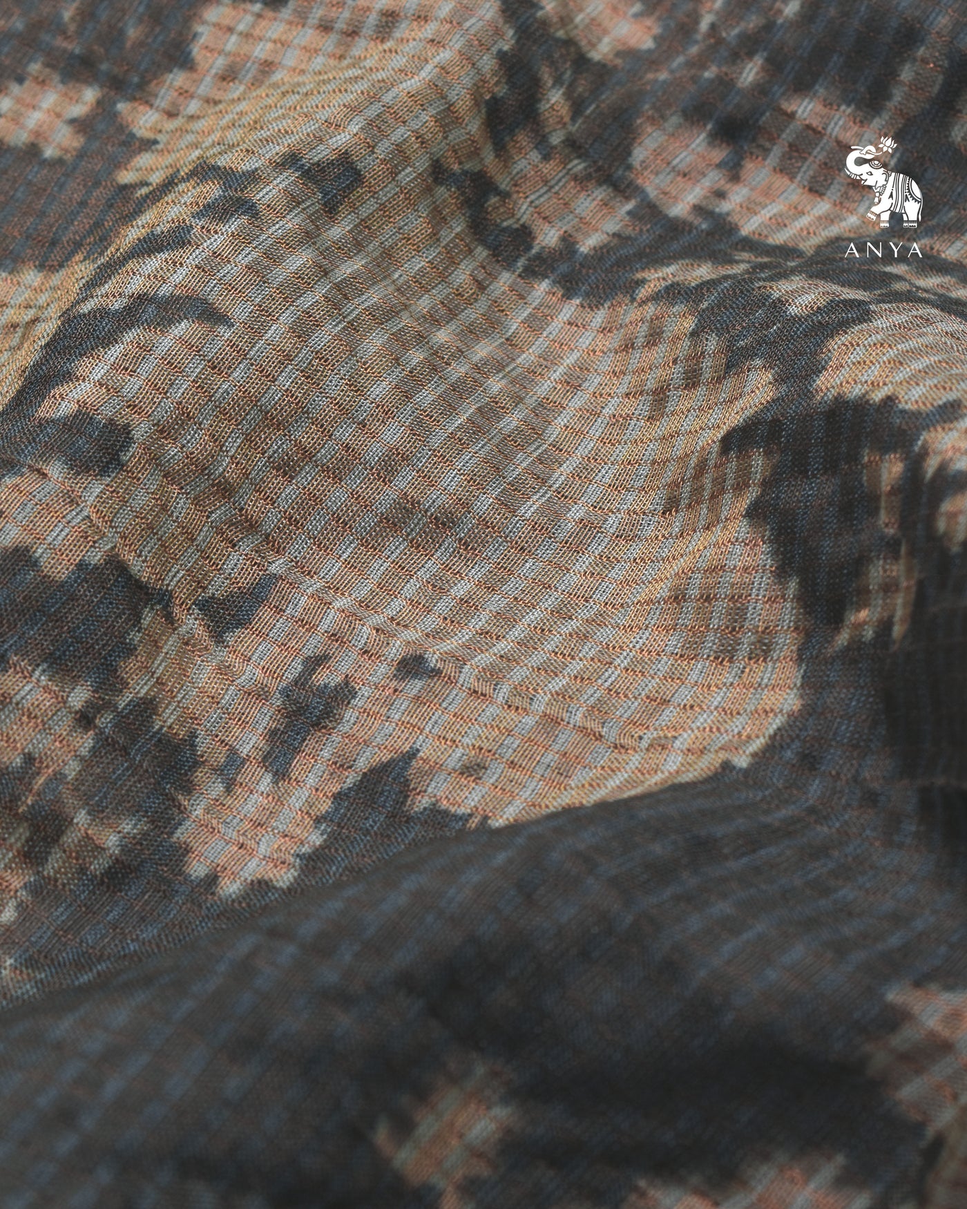 Grey Tussar Silk Saree with Checks and Floral Print Design