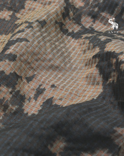 Grey Tussar Silk Saree with Checks and Floral Print Design