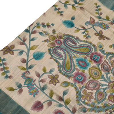 Off White Tussar Silk Saree with Kalamkari Print Design