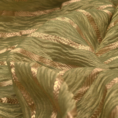 Elaichi Green Organza Crush Tissue Fabric with Golden Stripes Design